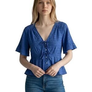 Joie Blue Eyelet Blouse Crop Top Tie Front Flutter Sleeve Size XL